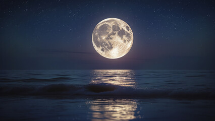 Majestic full moon reflecting on the ocean at night, creating a dreamy and serene atmosphere. Perfect for desktop backgrounds and night sky lovers