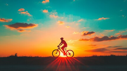 Obraz premium Silhouette of a cyclist riding a bike against a vibrant sunset, with long shadows stretching across the ground, capturing the essence of freedom and adventure.