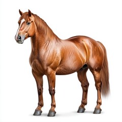 Obraz premium Majestic brown horse with muscles rippling beneath sunlight in a serene pastoral setting capturing grace and strength