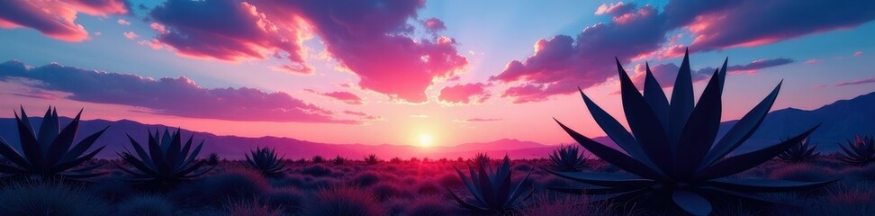 Fototapeta premium Agave plants are silhouetted against a brilliant blue and pink sunset sky, tequila, evening
