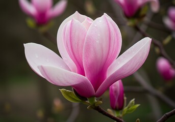 Obraz premium Close-up Pink Magnolia Blossom with Water Droplets on Petals Detail