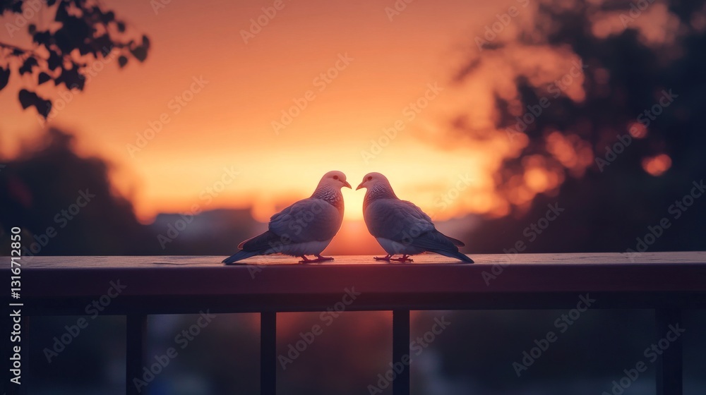 Poster two doves perched on a wooden railing with a sunset backdrop, wings slightly raised, creating a warm