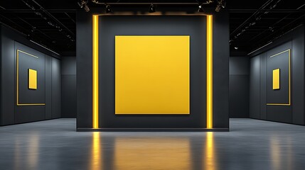 Modern Gallery Interior: Yellow Artwork Showcase, 3D Render AI Generated