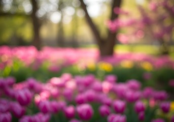 Blurred Pink Tulip Field Under Trees in Spring Garden