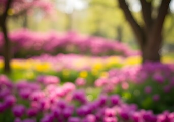 Blurred Pink Flowers in Spring Garden with Soft Bokeh Light