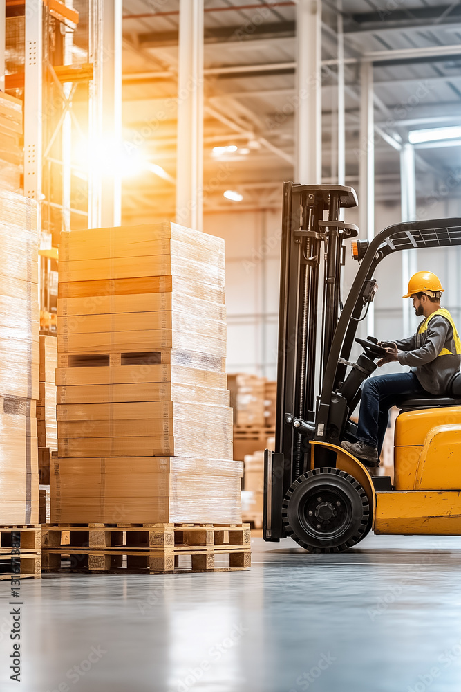 Poster in a busy warehouse, workers efficiently stack fruit crates on pallets while a forklift raises a pre