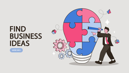 Find business ideas concept. A businessman with a telescope assembles a lightbulb made of jigsaw puzzle pieces. Vector illustration for innovation, startup strategy, and market research.