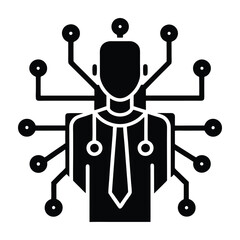 A black and white icon showing a person with connected nodes and lines around them. Digital networks Graphic resource for design