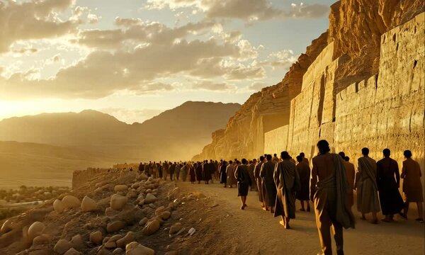 Ancient Israelite Army Circling the City of Jericho. Bible Story Visualization in Dramatic Style