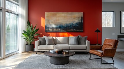 Sunlight streams through large windows, illuminating a stylish living room with a vibrant red wall. A comfortable sofa, artistic coffee table, and beautiful greenery create a welcoming atmosphere