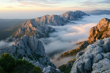 Jagged mountain peaks rising above morning fog
