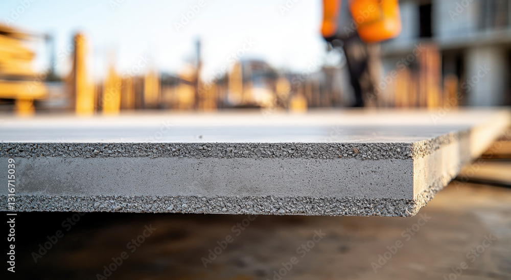 Poster close-up of the edge profile on a thin concrete slab at a construction site with a worker in the bac