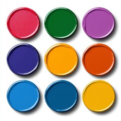 A complete set of six different colored paint cans arranged together for artistic and creative projects