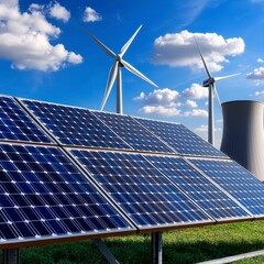 Renewable energy solutions featuring solar panels and wind turbines on a clear day against blue sky background