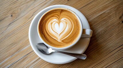 "Cappuccino with Heart-Shaped Latte Art on Wooden Table"