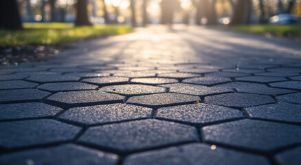 The gray hexagonal pavement shines under the golden sunlight, surrounded by trees and creating a tranquil pathway for evening walks