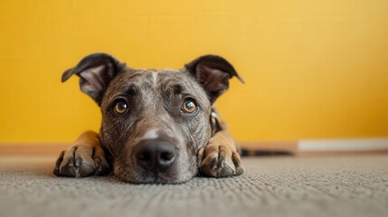 Captivating close-up of a dog’s head on a gray carpet; soulful eyes lock onto the viewer against a vivid backdrop, capturing an intimate moment