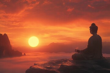 Fototapeta premium Buddha meditating at sunset over misty mountains