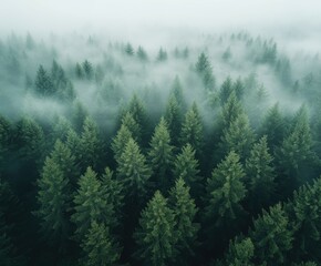 Fototapeta premium Misty pine forest viewed from above at dawn