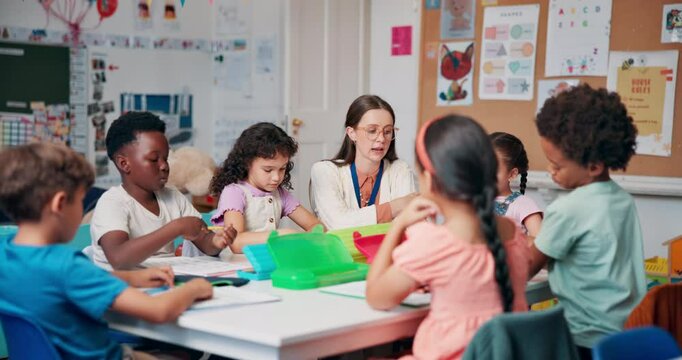 Studying, students and education with teacher in classroom for future, lesson and youth. Learning, academy and knowledge with group of kids at school for child development, helping and growth