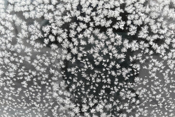 Texture of the hoarfrost on the side window of parked car