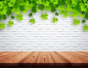 Empty wooden table and green wall and clovers, green st patrick day background, clovers and green backside mock up template