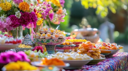 Vibrant Haft-Seen table with spring flowers, sweets, and fruits, celebrating Nowruz traditions and renewal.