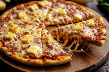 Freshly baked hawaiian pizza in slices