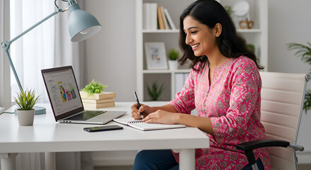 YoungE-learning and remote work concept. Indian woman studying online with laptop and notebook at home office. communication