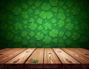 wooden table and green wall and clovers, green st patrick day background, clovers and green backside mock up template	