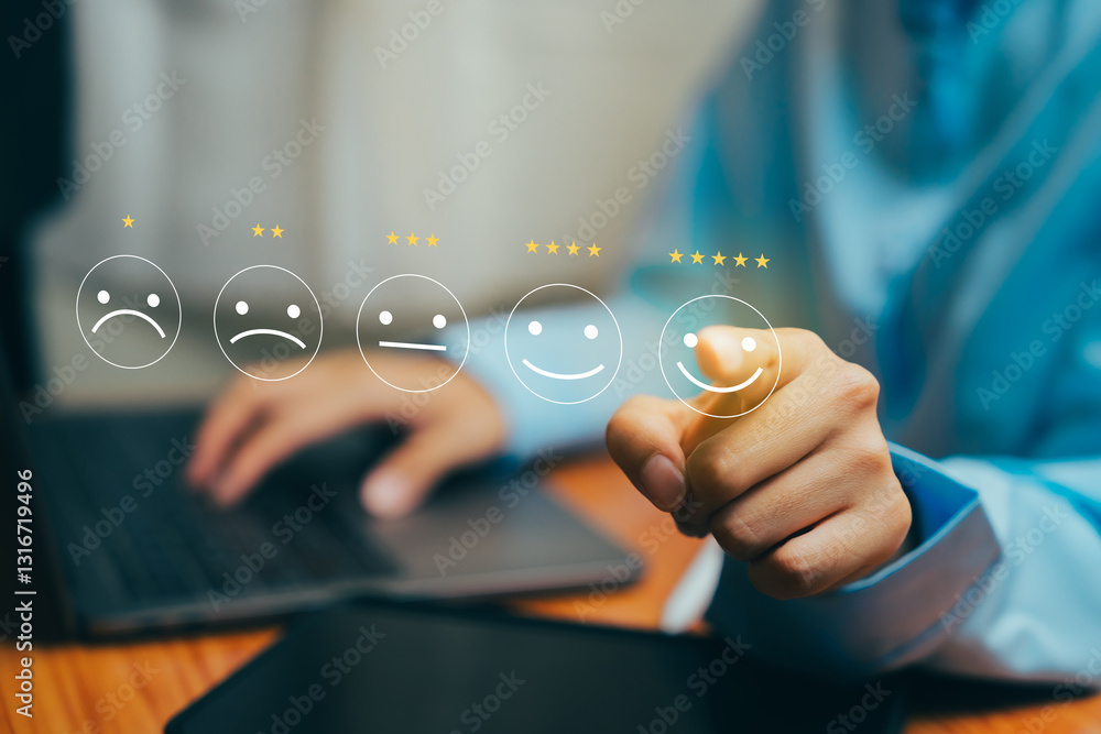 Poster customer satisfaction feedback with rating system and user interaction in modern office environment,