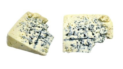 Photo of two wedges of blue cheese with characteristic blue veins, creamy texture, and crumbly edges isolated on a white background.