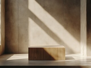 Wooden block on concrete floor with sunlight.