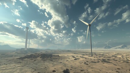 A remote wind turbine farm on a barren plain, with wind howling across the empty landscape.