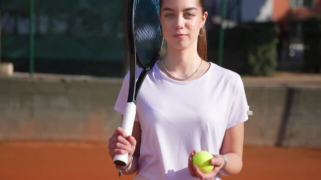 A beautiful female teenage tennis player walking on a tennis court with his racket and smiling.