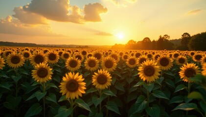 Obraz premium Evening sunlight casting long shadows on sunflower fields, landscape, golden light, shadows