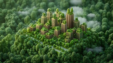 Green City Concept with Towers Surrounded by Lush Forest and Nature's Abundance