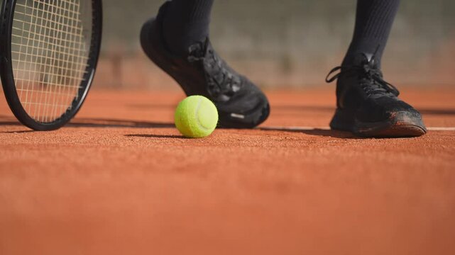 Closeup on the tennis shoes of a tennis player warming his ankles before a tennis match. Tennis ball.