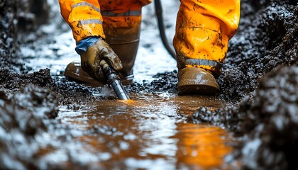 Worker in muddy trench using pneumatic tool.