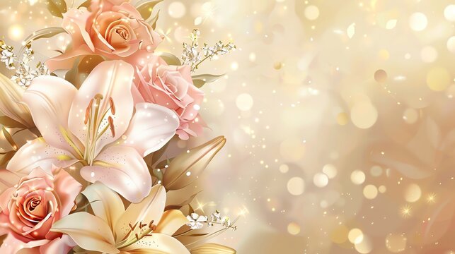 Delicate white lilies and peach roses with sparkly gold background.