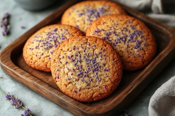 Lavender Flavored Cookies on a Rustic Wooden Tray