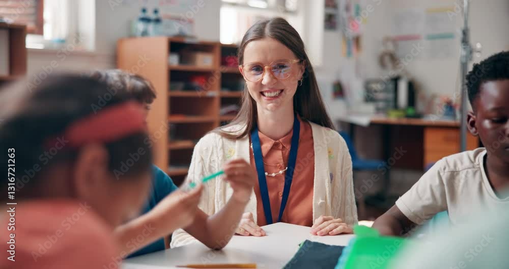 Poster school, education and teacher with children in classroom for lesson, learning and reading for develo