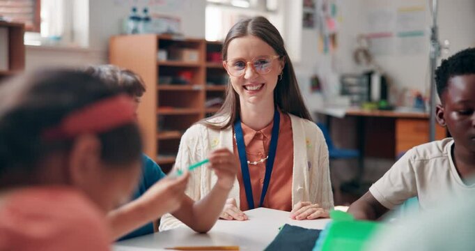 School, education and teacher with children in classroom for lesson, learning and reading for development. Happy, academy and portrait of woman with books for kids for literature, story and knowledge