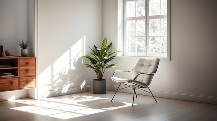 Modern chair sits in sunlit corner of room