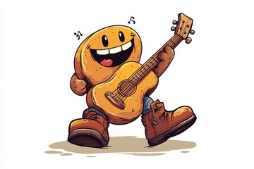 A cartoon potato playing a guitar and walking forward
