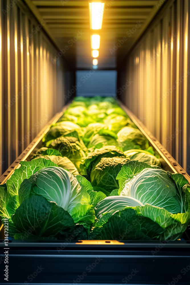 Poster cabbages roll down a minimalist conveyor belt, seamlessly moving towards a shipping container. the a
