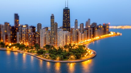 Obraz premium Aerial View of Urban Skyline with Water Reflection During Twilight in Chicago