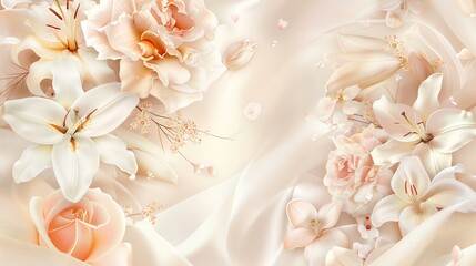 Fototapeta premium A delicate floral arrangement of lilies and roses on a beige background with a flowing satin ribbon.