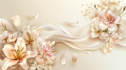 A delicate floral arrangement of lilies and roses on a beige background with a flowing satin ribbon.