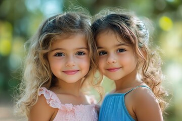 Two Smiling Young Girls With Curly Hair Enjoying a Sunny Day in a Park
